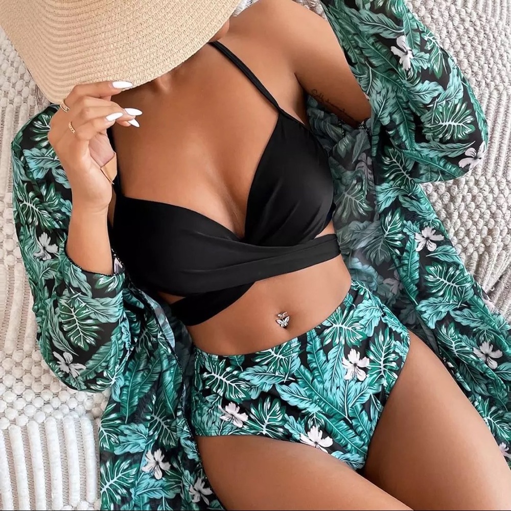 New Beach Swimsuit Bikini with Skirt Tunics for Beach Cover up, 3 pieces set.